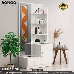 A white Bongo model BFT202 dressing table with a mirror, drawers, and vanity items displayed in the background. 
A white Bongo model BFT202 dressing table with a mirror, drawers, and vanity items displayed in the background.