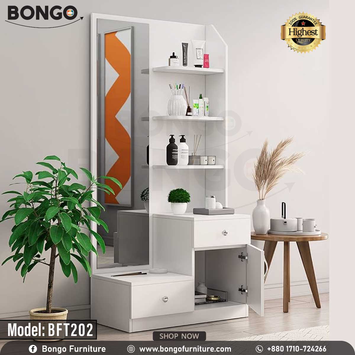 A white Bongo model BFT202 dressing table with a mirror, drawers, and vanity items displayed in the background.