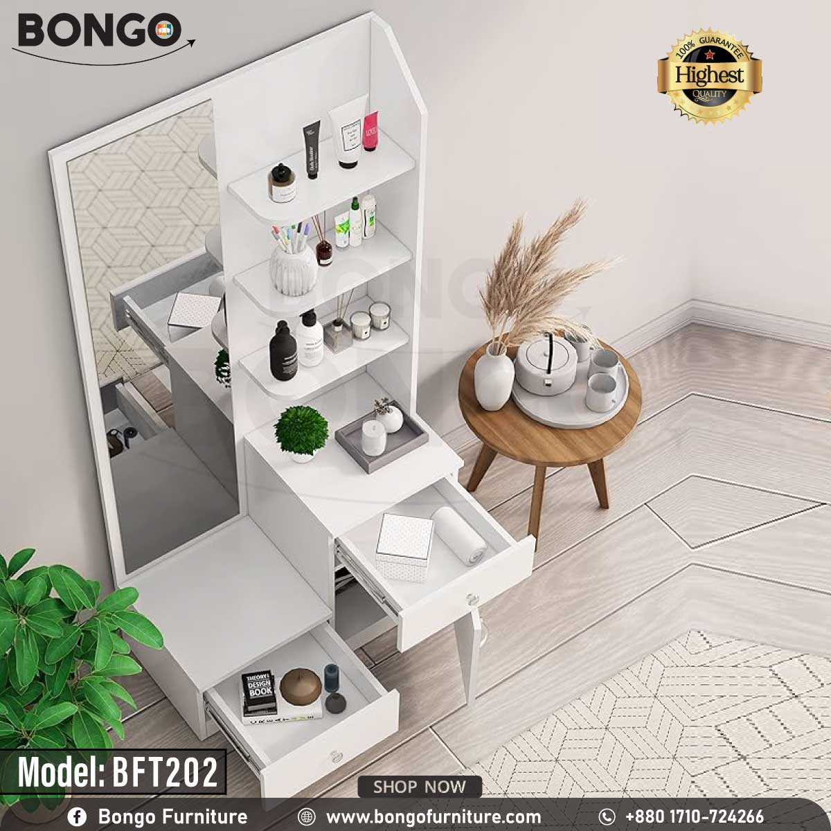 A white Bongo model BFT202 dressing table with a mirror, drawers, and vanity items displayed in the background.
