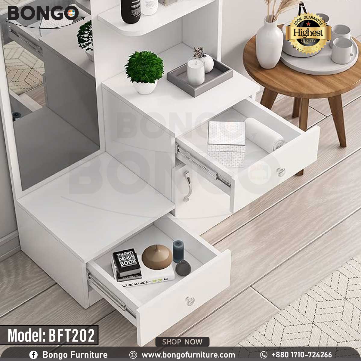 A white Bongo model BFT202 dressing table with a mirror, drawers, and vanity items displayed in the background.