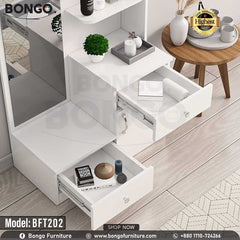 A white Bongo model BFT202 dressing table with a mirror, drawers, and vanity items displayed in the background. A white Bongo model BFT202 dressing table with a mirror, drawers, and vanity items displayed in the background.