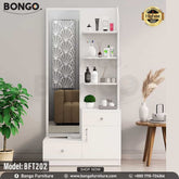 A white Bongo model BFT202 dressing table with a mirror, drawers, and vanity items displayed in the background.