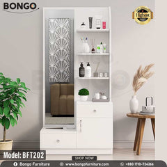 A white Bongo model BFT202 dressing table with a mirror, drawers, and vanity items displayed in the background. A white Bongo model BFT202 dressing table with a mirror, drawers, and vanity items displayed in the background.