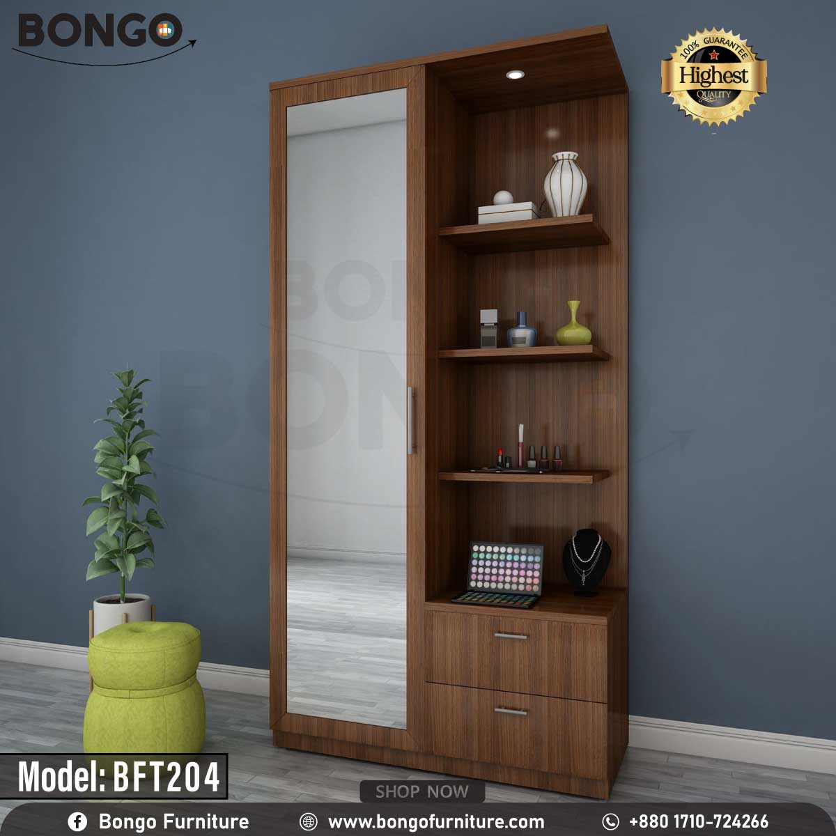 A white glamour dressing table with multiple shelves and a drawer, featuring a mirror and decorative items on it, placed against a blue wall with a potted plant and a colorful chair in the foreground.