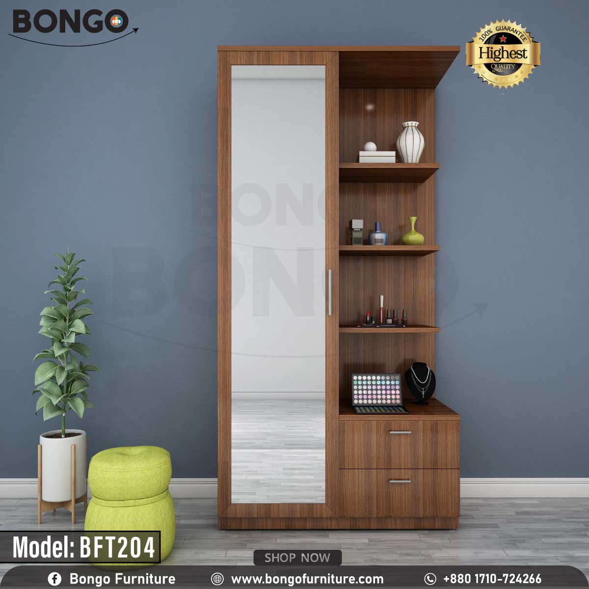 A white glamour dressing table with multiple shelves and a drawer, featuring a mirror and decorative items on it, placed against a blue wall with a potted plant and a colorful chair in the foreground.