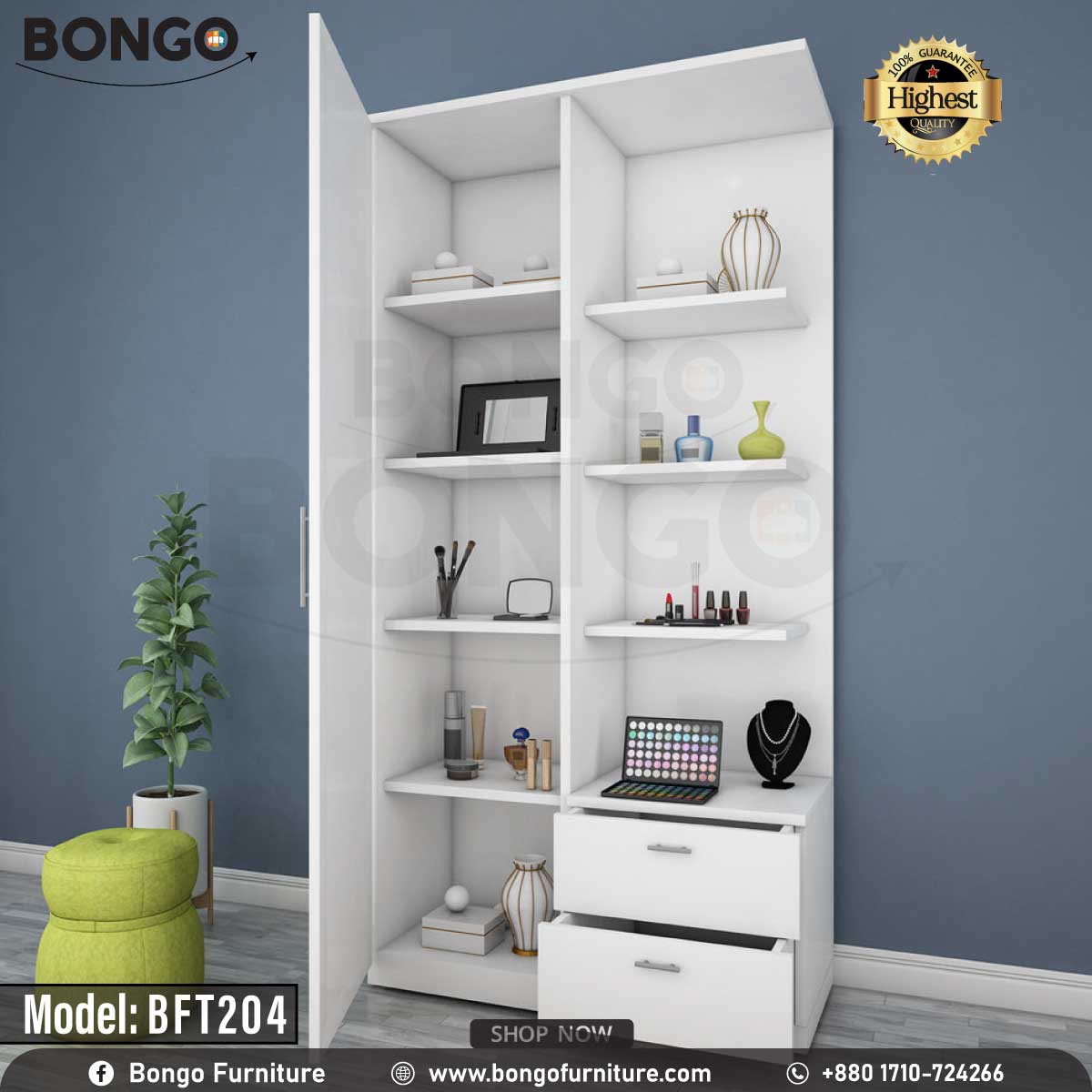 A white glamour dressing table with multiple shelves and a drawer, featuring a mirror and decorative items on it, placed against a blue wall with a potted plant and a colorful chair in the foreground.
