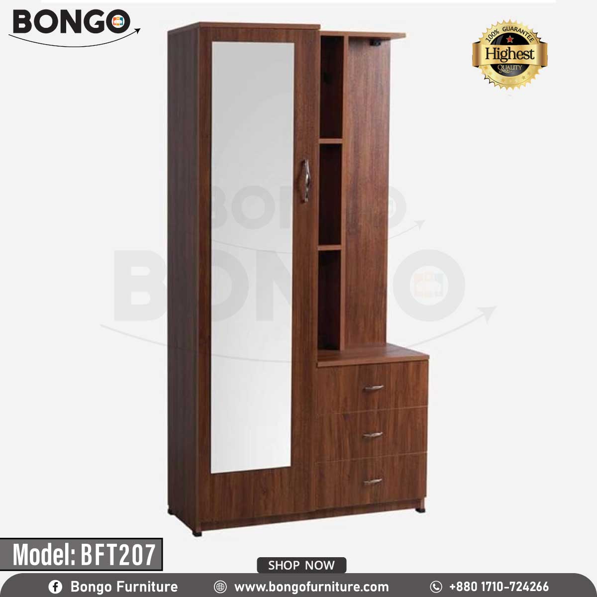 A promotional image of a tall, modern dressing table from BONGO with a dark wood-grain finish. The unit features a full-length mirrored door on the left and a column of open shelves and three drawers on the right. A "Highest Quality" seal is in the top corner.