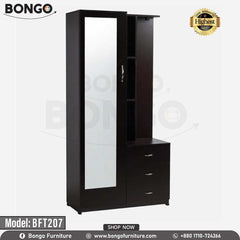 A promotional image of a tall, modern dressing table from BONGO with a dark wood-grain finish. The unit features a full-length mirrored door on the left and a column of open shelves and three drawers on the right. A "Highest Quality" seal is in the top corner. A promotional image of a tall, modern dressing table from BONGO with a dark wood-grain finish. The unit features a full-length mirrored door on the left and a column of open shelves and three drawers on the right. A "Highest Quality" seal is in the top corner.
