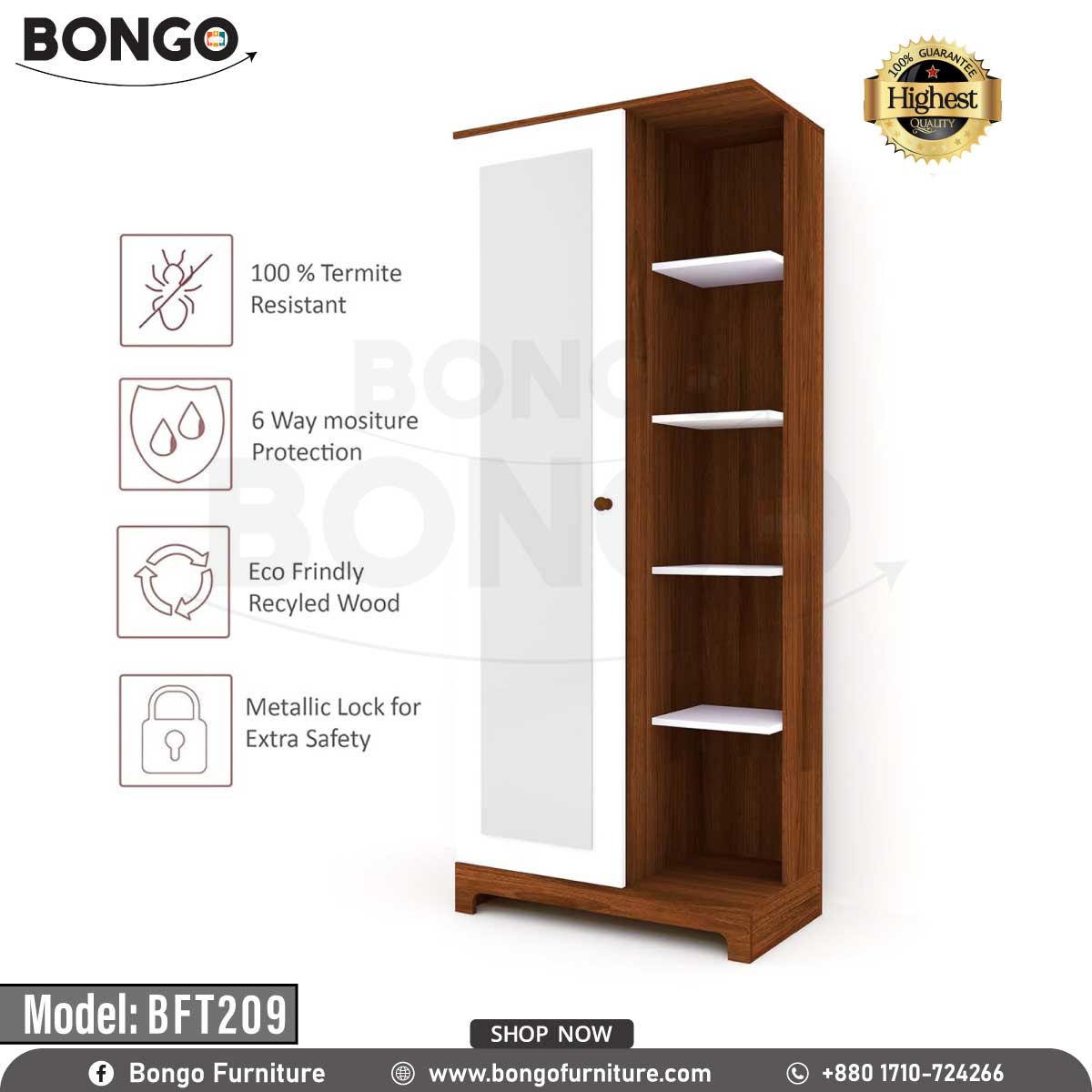 A promotional image of a tall, modern dressing table from BONGO. The unit has a dark wood-grain finish with white accents. Its main feature is a sliding, full-length mirror that reveals hidden storage behind it. Next to the mirror is a column of open display shelves, and there is a drawer at the base. The dressing table is shown in a bedroom setting. A "Highest Quality" seal is in the top corner.