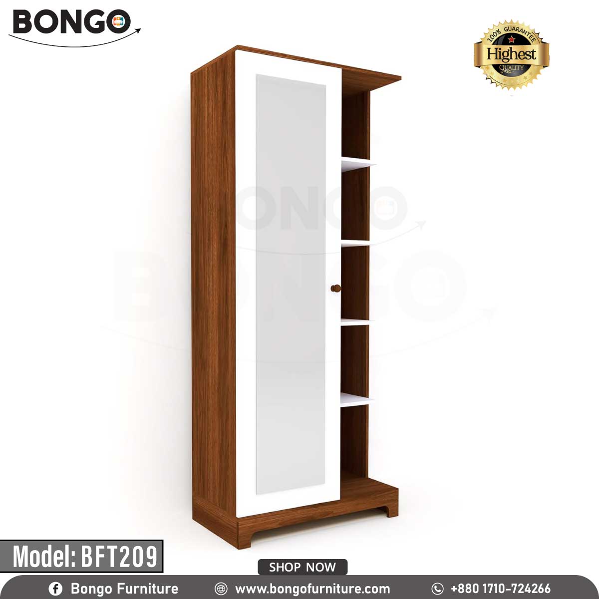 A promotional image of a tall, modern dressing table from BONGO. The unit has a dark wood-grain finish with white accents. Its main feature is a sliding, full-length mirror that reveals hidden storage behind it. Next to the mirror is a column of open display shelves, and there is a drawer at the base. The dressing table is shown in a bedroom setting. A "Highest Quality" seal is in the top corner.