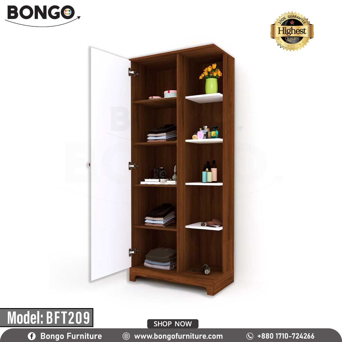A promotional image of a tall, modern dressing table from BONGO. The unit has a dark wood-grain finish with white accents. Its main feature is a sliding, full-length mirror that reveals hidden storage behind it. Next to the mirror is a column of open display shelves, and there is a drawer at the base. The dressing table is shown in a bedroom setting. A "Highest Quality" seal is in the top corner.