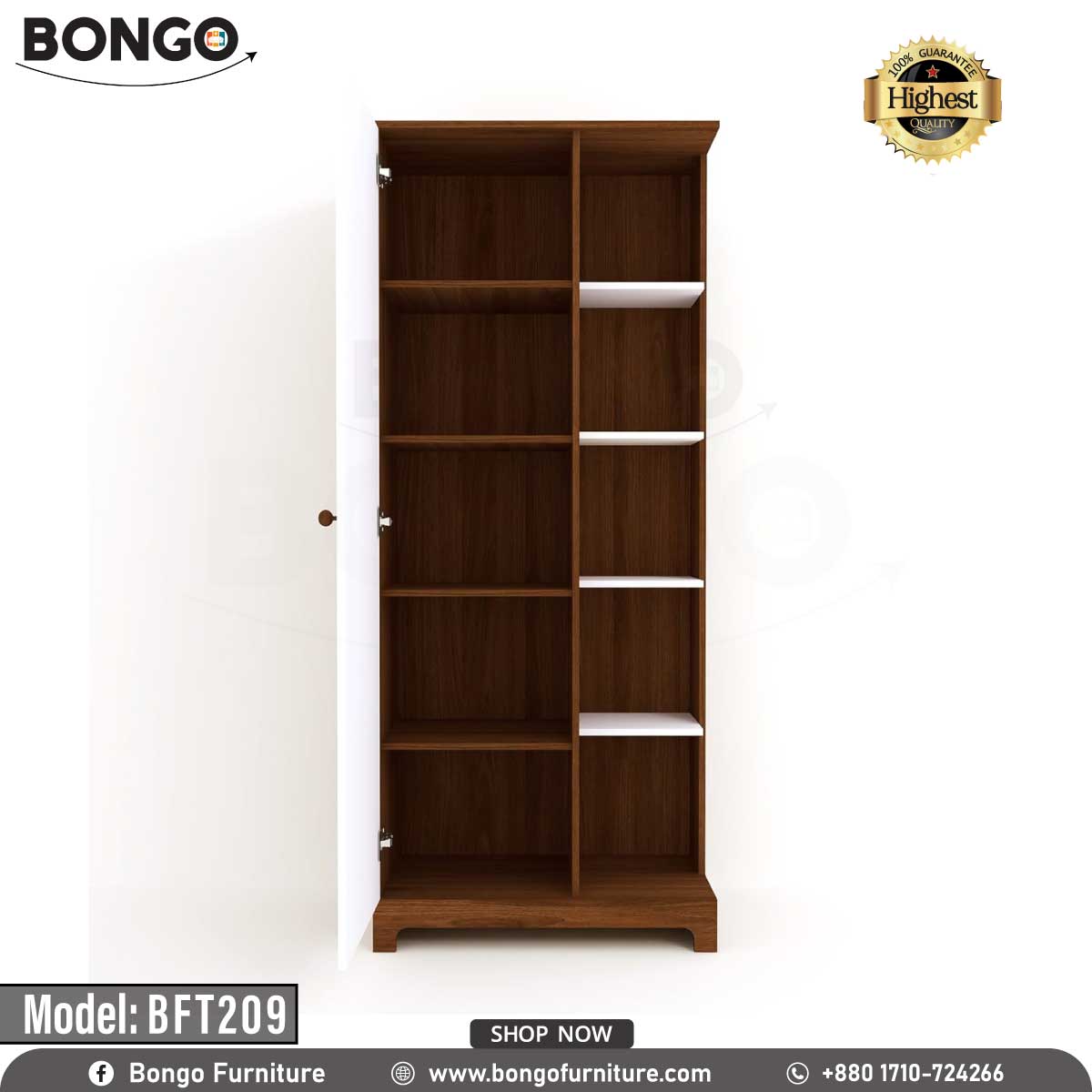 A promotional image of a tall, modern dressing table from BONGO. The unit has a dark wood-grain finish with white accents. Its main feature is a sliding, full-length mirror that reveals hidden storage behind it. Next to the mirror is a column of open display shelves, and there is a drawer at the base. The dressing table is shown in a bedroom setting. A "Highest Quality" seal is in the top corner.