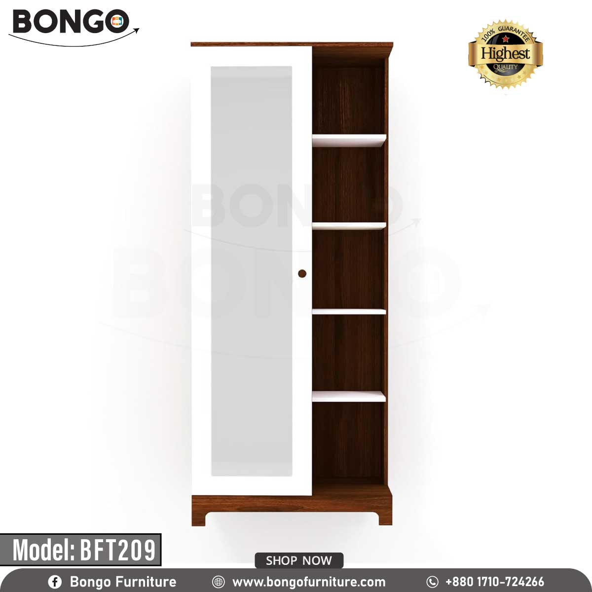 A promotional image of a tall, modern dressing table from BONGO. The unit has a dark wood-grain finish with white accents. Its main feature is a sliding, full-length mirror that reveals hidden storage behind it. Next to the mirror is a column of open display shelves, and there is a drawer at the base. The dressing table is shown in a bedroom setting. A "Highest Quality" seal is in the top corner.