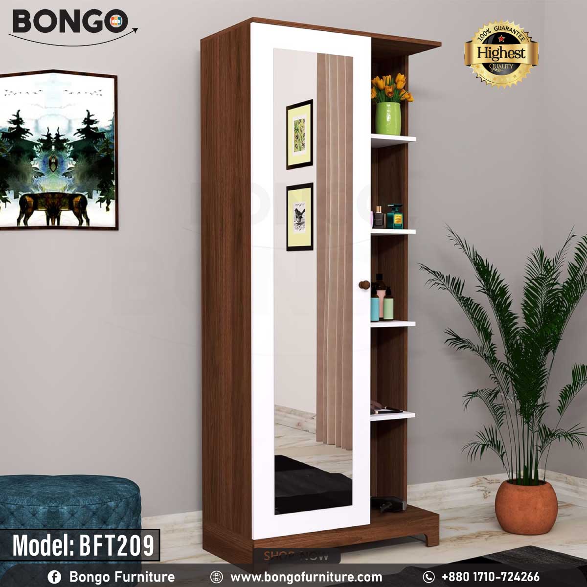 A promotional image of a tall, modern dressing table from BONGO. The unit has a dark wood-grain finish with white accents. Its main feature is a sliding, full-length mirror that reveals hidden storage behind it. Next to the mirror is a column of open display shelves, and there is a drawer at the base. The dressing table is shown in a bedroom setting. A "Highest Quality" seal is in the top corner.