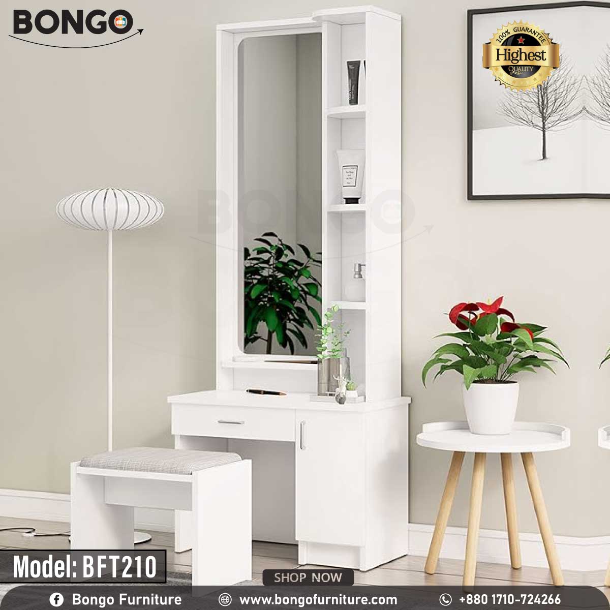 A white polished dressing table with a mirror, model BFT210, displayed in a room setting with decorative items and a plant beside it.