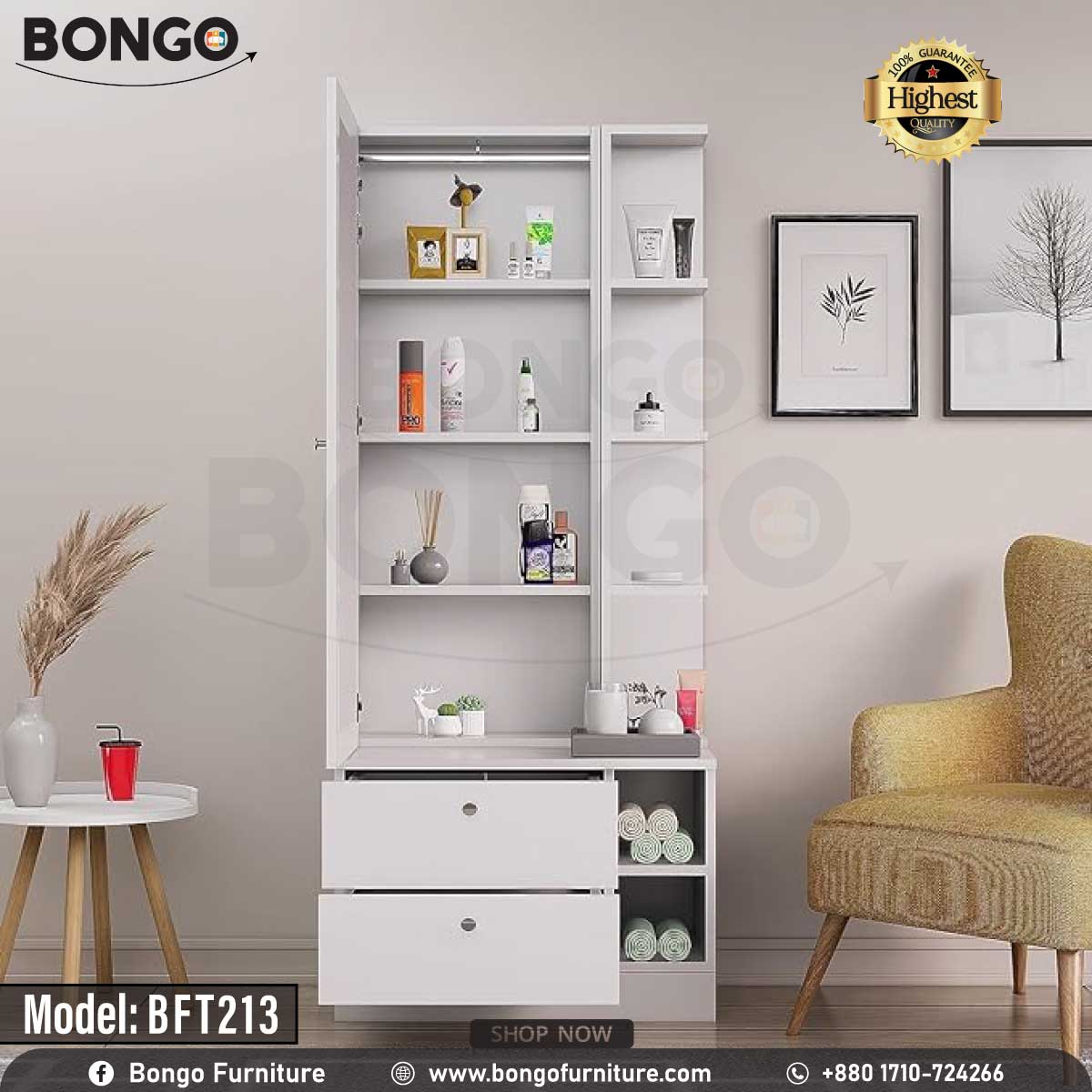 A promotional image of a modern white dressing table from BONGO. The unit features a large mirror next to a narrow tower of shelves. The base contains two large drawers and open storage cubbies. The dressing table is shown styled with photos and cosmetics in a bedroom setting. A "Highest Quality" seal is displayed in the corner.