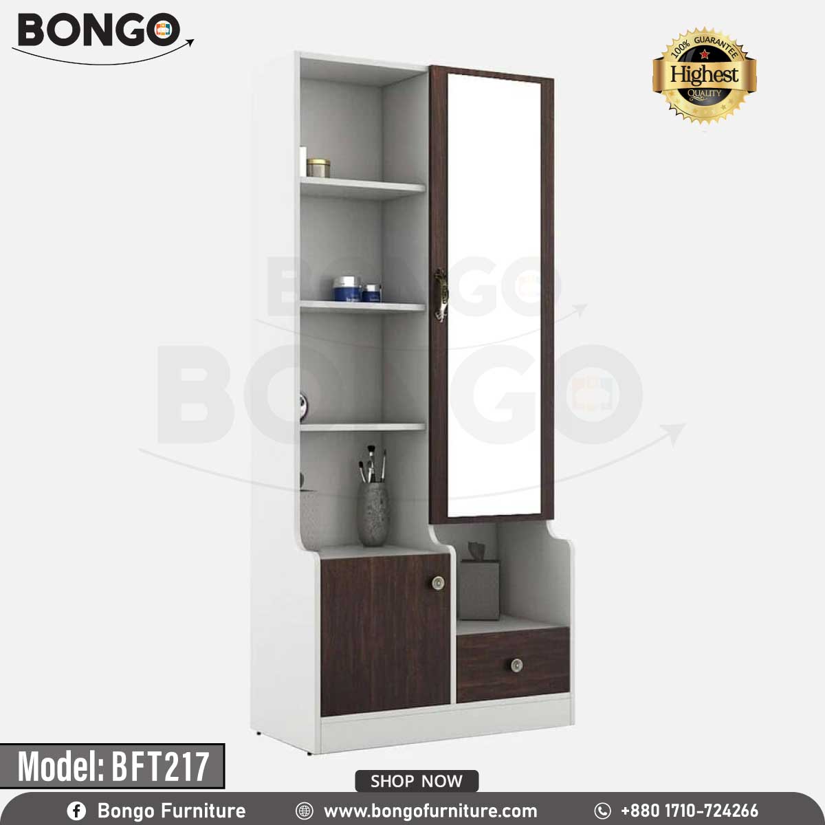 A white and brown Maven Dressing Table with a mirror, model BFT217, displayed in a room with various clothes and accessories arranged around it.