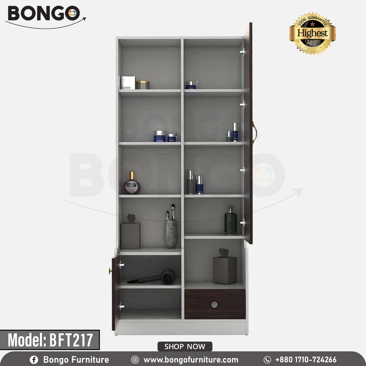 A white and brown Maven Dressing Table with a mirror, model BFT217, displayed in a room with various clothes and accessories arranged around it.