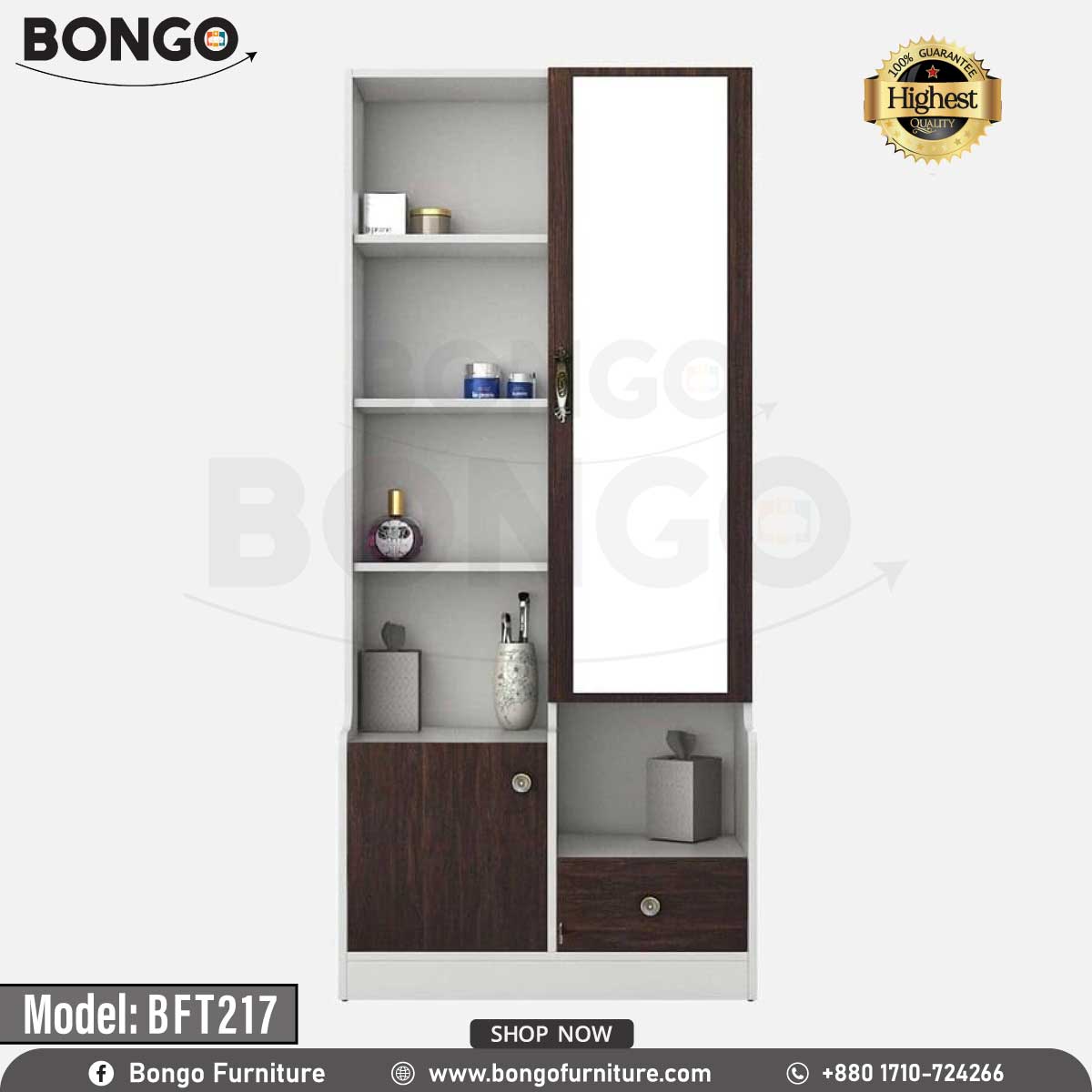 A white and brown Maven Dressing Table with a mirror, model BFT217, displayed in a room with various clothes and accessories arranged around it.