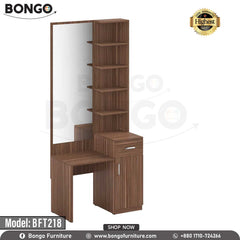 A brown Shine Dressing Table with a mirror, drawers, and a bench, placed in a bright room setting. The model number BFT218 is visible on the table. A brown Shine Dressing Table with a mirror, drawers, and a bench, placed in a bright room setting. The model number BFT218 is visible on the table.