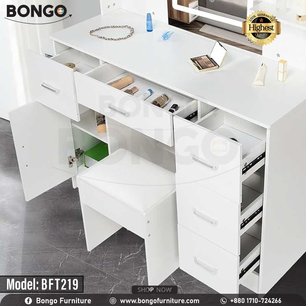 A promotional image of a modern white vanity set from BONGO, shown in a bedroom. The dressing table features a large central mirror with an integrated LED light, flanked by small shelves. The base includes multiple handleless drawers and a cabinet, with a matching white stool tucked underneath. A "Highest Quality" seal is in the top corner.