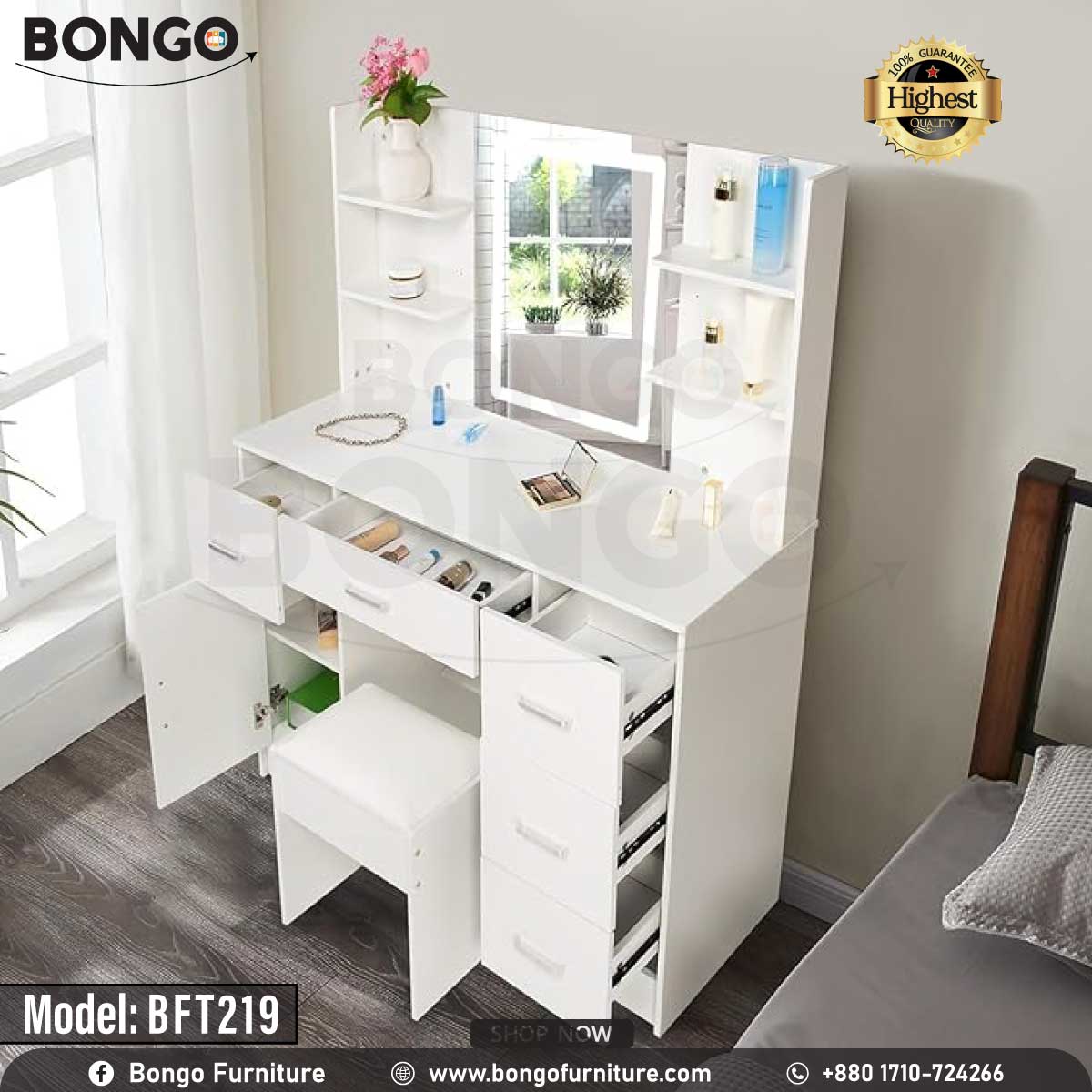 A promotional image of a modern white vanity set from BONGO, shown in a bedroom. The dressing table features a large central mirror with an integrated LED light, flanked by small shelves. The base includes multiple handleless drawers and a cabinet, with a matching white stool tucked underneath. A "Highest Quality" seal is in the top corner.