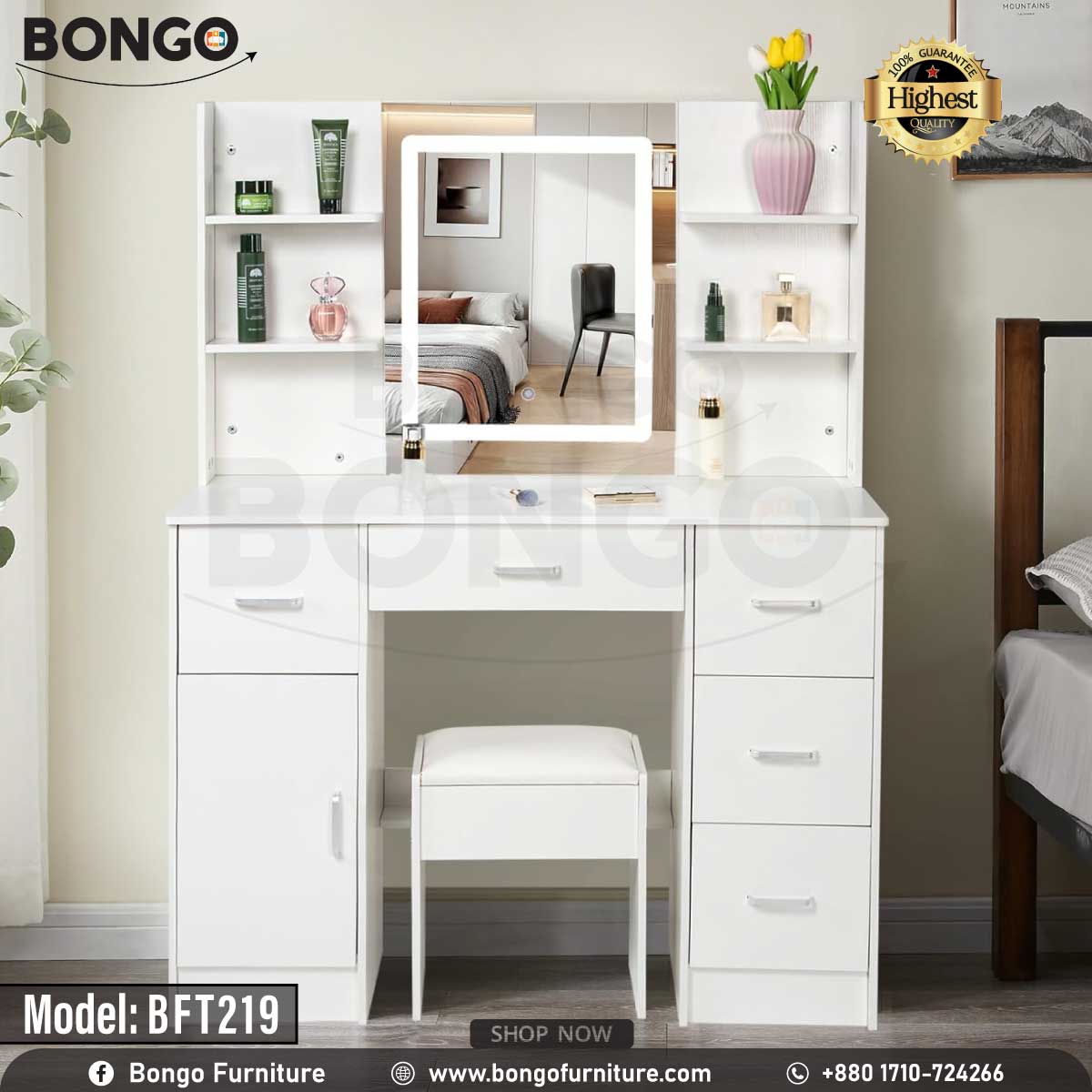 A promotional image of a modern white vanity set from BONGO, shown in a bedroom. The dressing table features a large central mirror with an integrated LED light, flanked by small shelves. The base includes multiple handleless drawers and a cabinet, with a matching white stool tucked underneath. A "Highest Quality" seal is in the top corner.