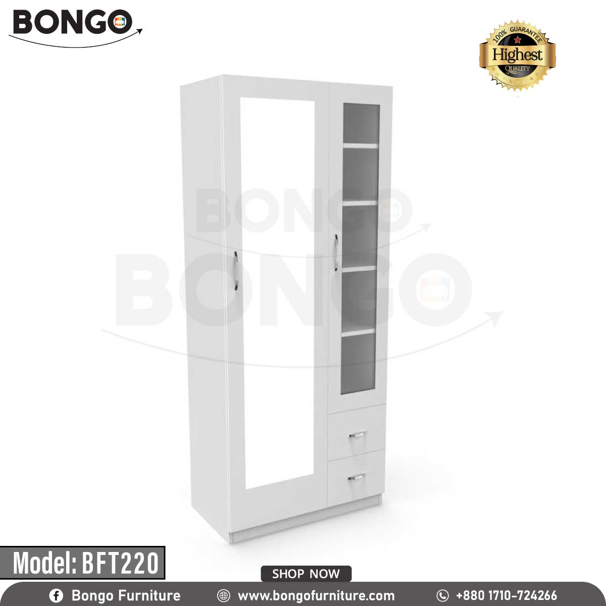 A white dressing table with a mirror, drawers, and hydraulics hinges, placed in a room with a potted plant and a framed picture on the wall.