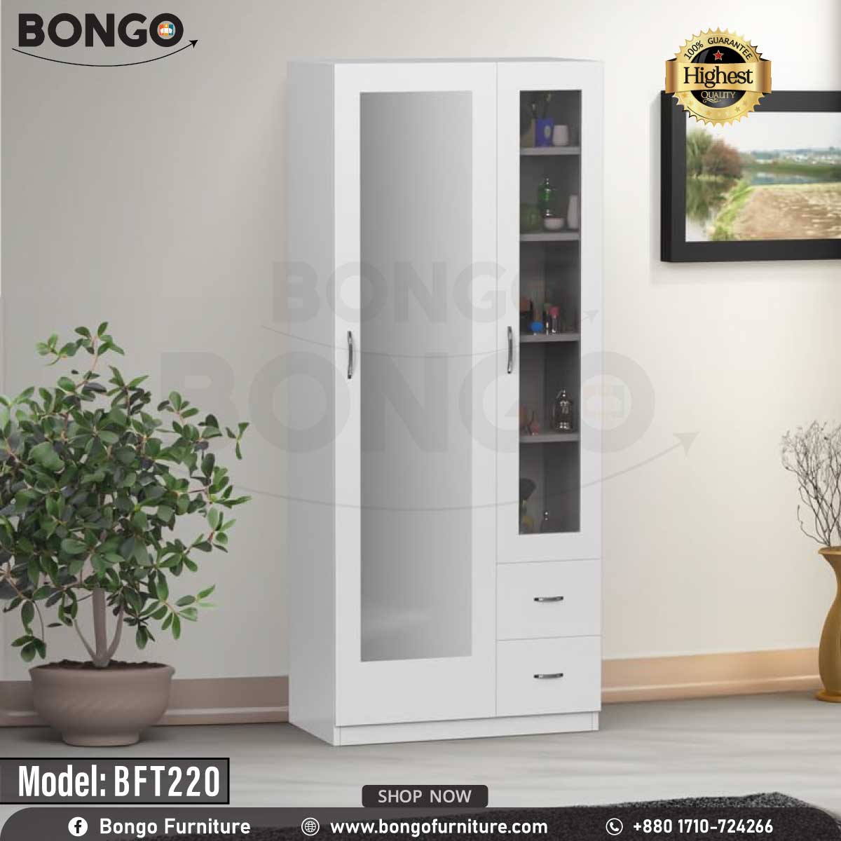 A white dressing table with a mirror, drawers, and hydraulics hinges, placed in a room with a potted plant and a framed picture on the wall.