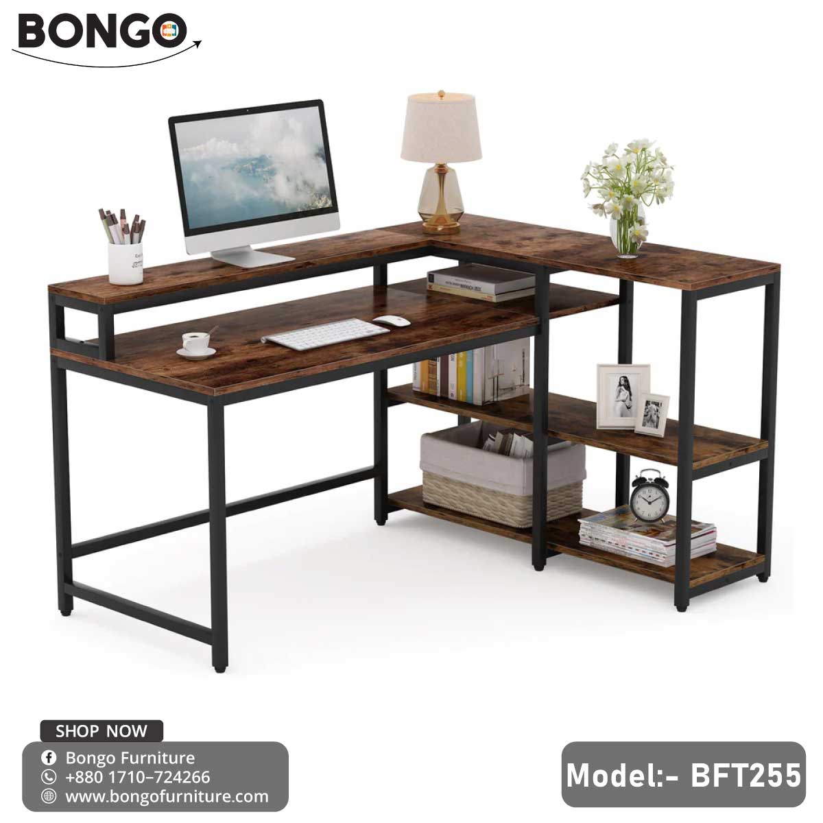 An L-shaped brown wooden computer desk with a black metal frame, equipped with shelves, and positioned in a room with a chair and a lamp.