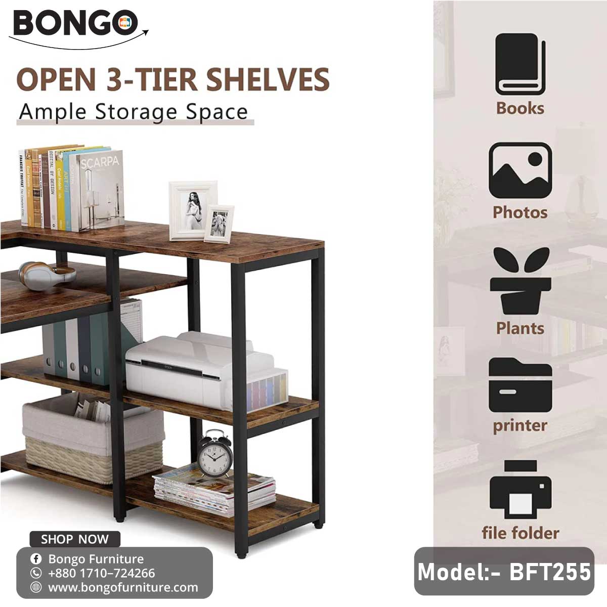 An L-shaped brown wooden computer desk with a black metal frame, equipped with shelves, and positioned in a room with a chair and a lamp.f