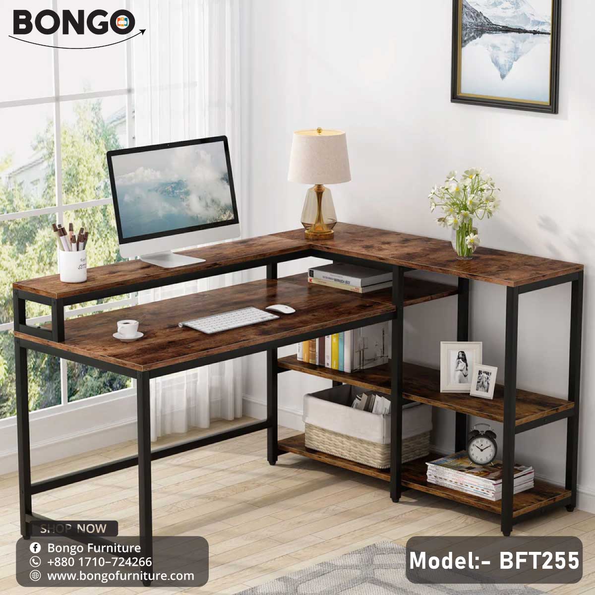 An L-shaped brown wooden computer desk with a black metal frame, equipped with shelves, and positioned in a room with a chair and a lamp.