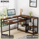 An L-shaped brown wooden computer desk with a black metal frame, equipped with shelves, and positioned in a room with a chair and a lamp.