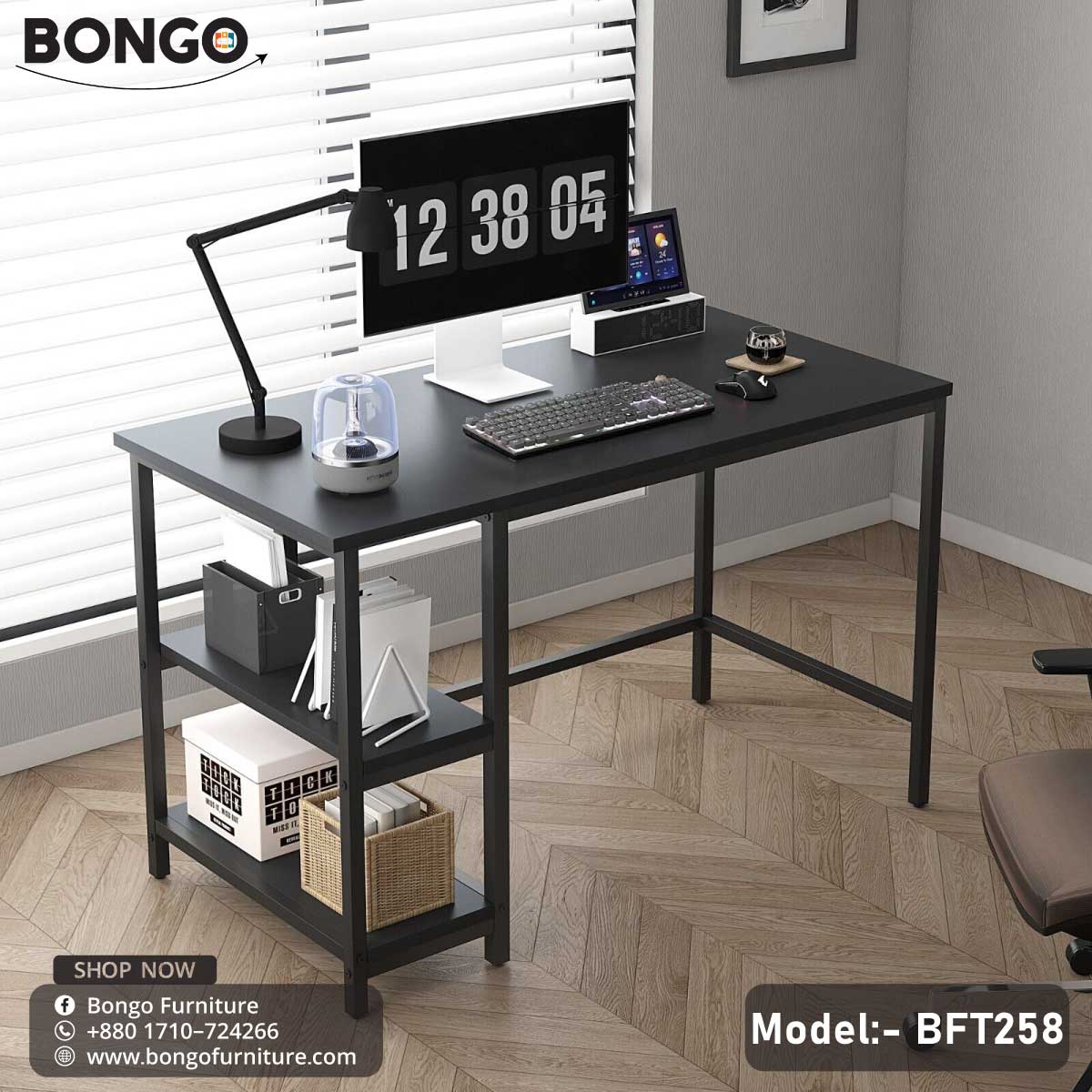 A trendy computer desk with a black steel frame and a laminated board tabletop, featuring a computer monitor, a lamp, a clock, and decorative items.