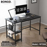 A trendy computer desk with a black steel frame and a laminated board tabletop, featuring a computer monitor, a lamp, a clock, and decorative items.