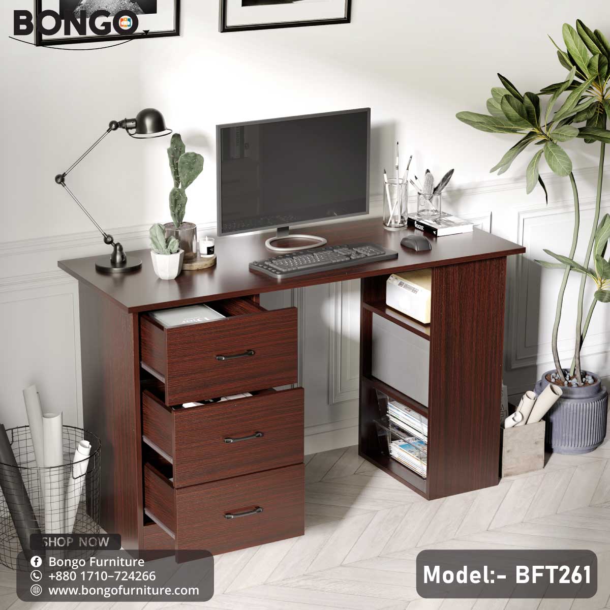 A brown Qube Reading Table - BFT261 desk with a laptop, a notebook, a coffee cup, and some books on it, placed in a room with soft lighting and a blurred background.