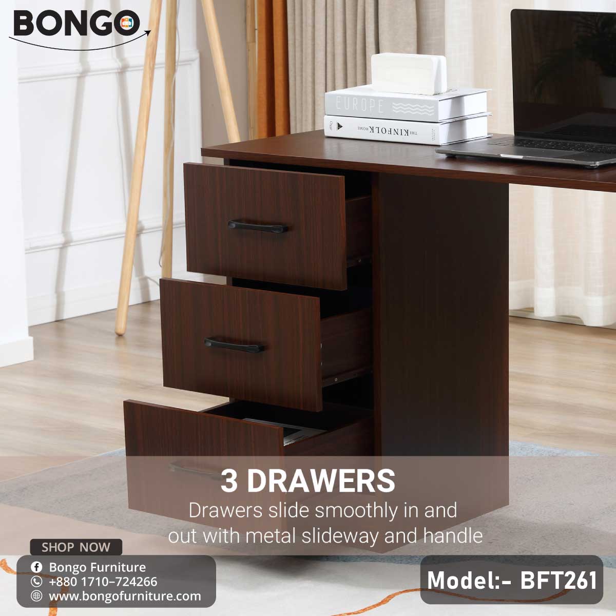 A brown Qube Reading Table - BFT261 desk with a laptop, a notebook, a coffee cup, and some books on it, placed in a room with soft lighting and a blurred background.