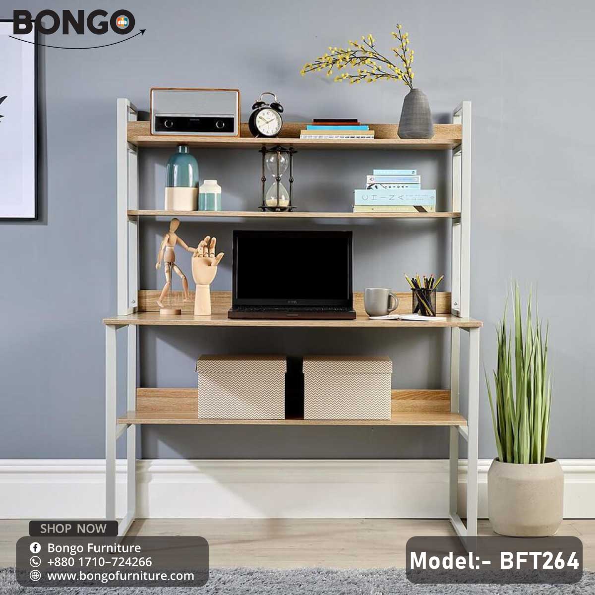 A two-tone desk with a A trendy computer desk with a black steel frame and a laminated board tabletop, featuring a computer monitor, a lamp, a clock, and decorative items. tabletop and black metal frame, equipped with a computer monitor and various desk accessories, placed in a home setting.