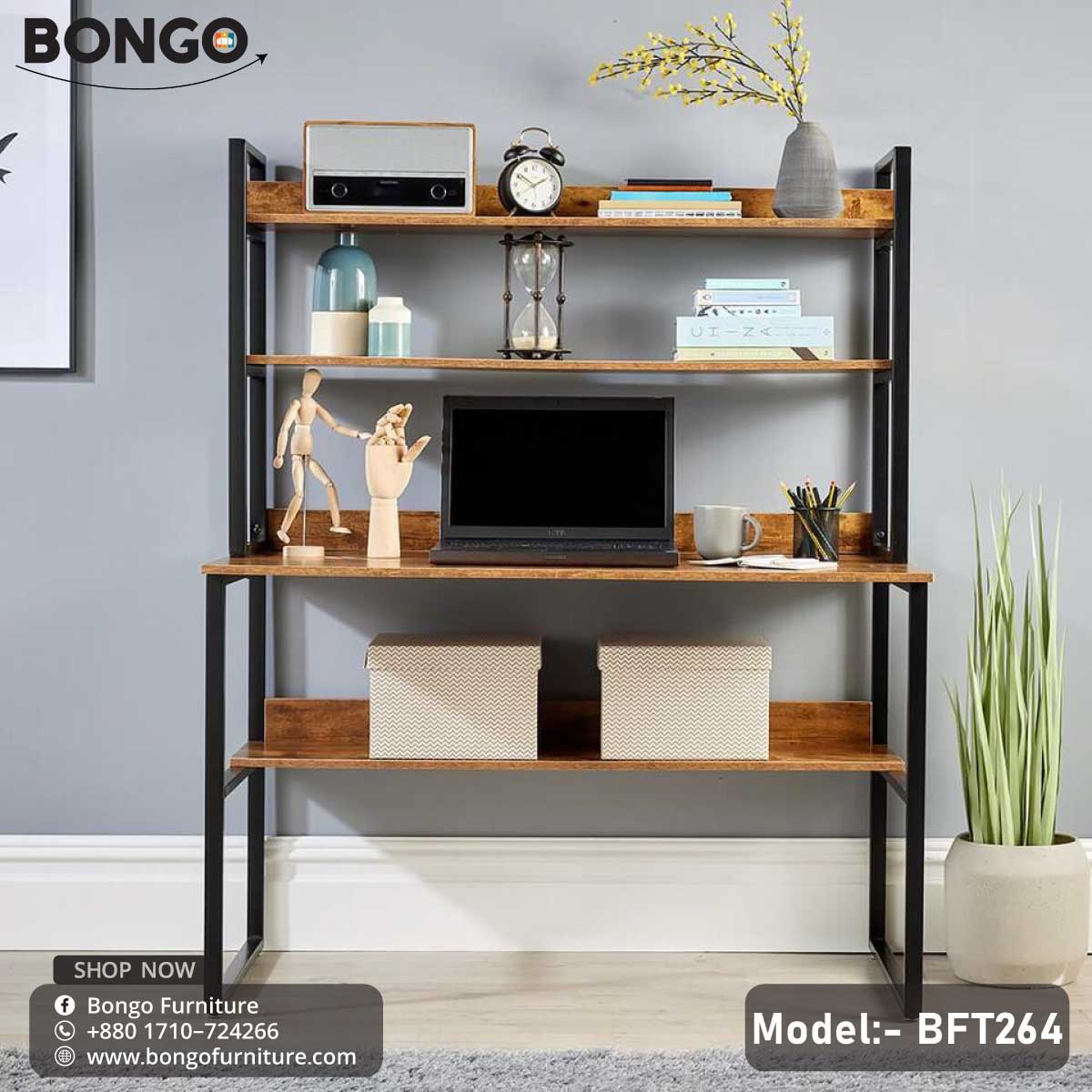 A two-tone desk with a A trendy computer desk with a black steel frame and a laminated board tabletop, featuring a computer monitor, a lamp, a clock, and decorative items. tabletop and black metal frame, equipped with a computer monitor and various desk accessories, placed in a home setting.