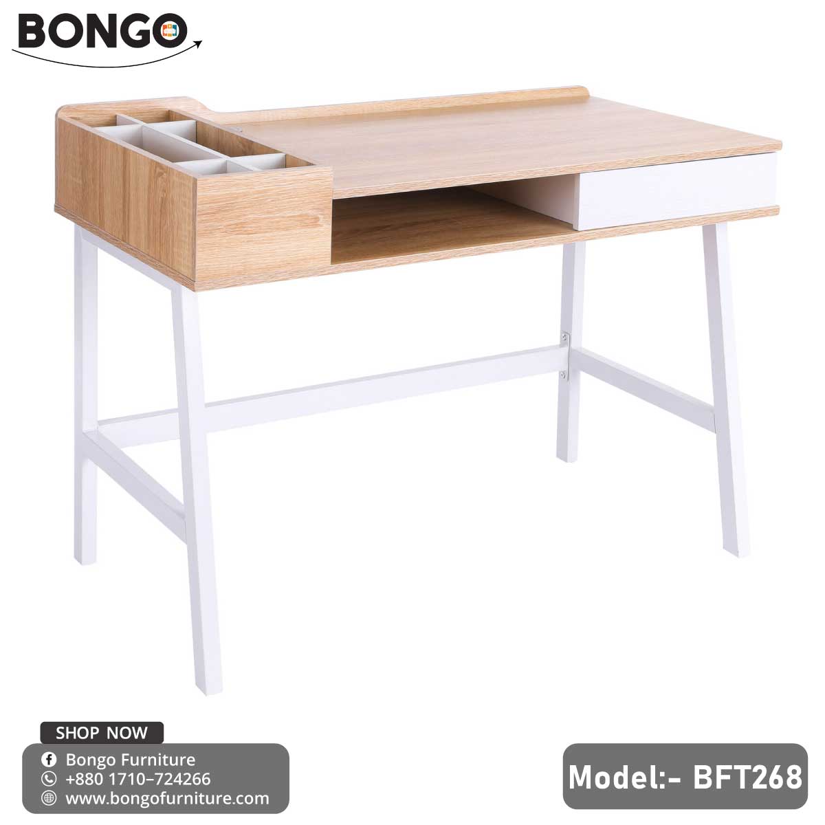 A modern Louis Desk with a beige laminated tabletop and white steel frame, featuring a drawer and a round cable hole, positioned in a home office setting with decorative items and a laptop on top.