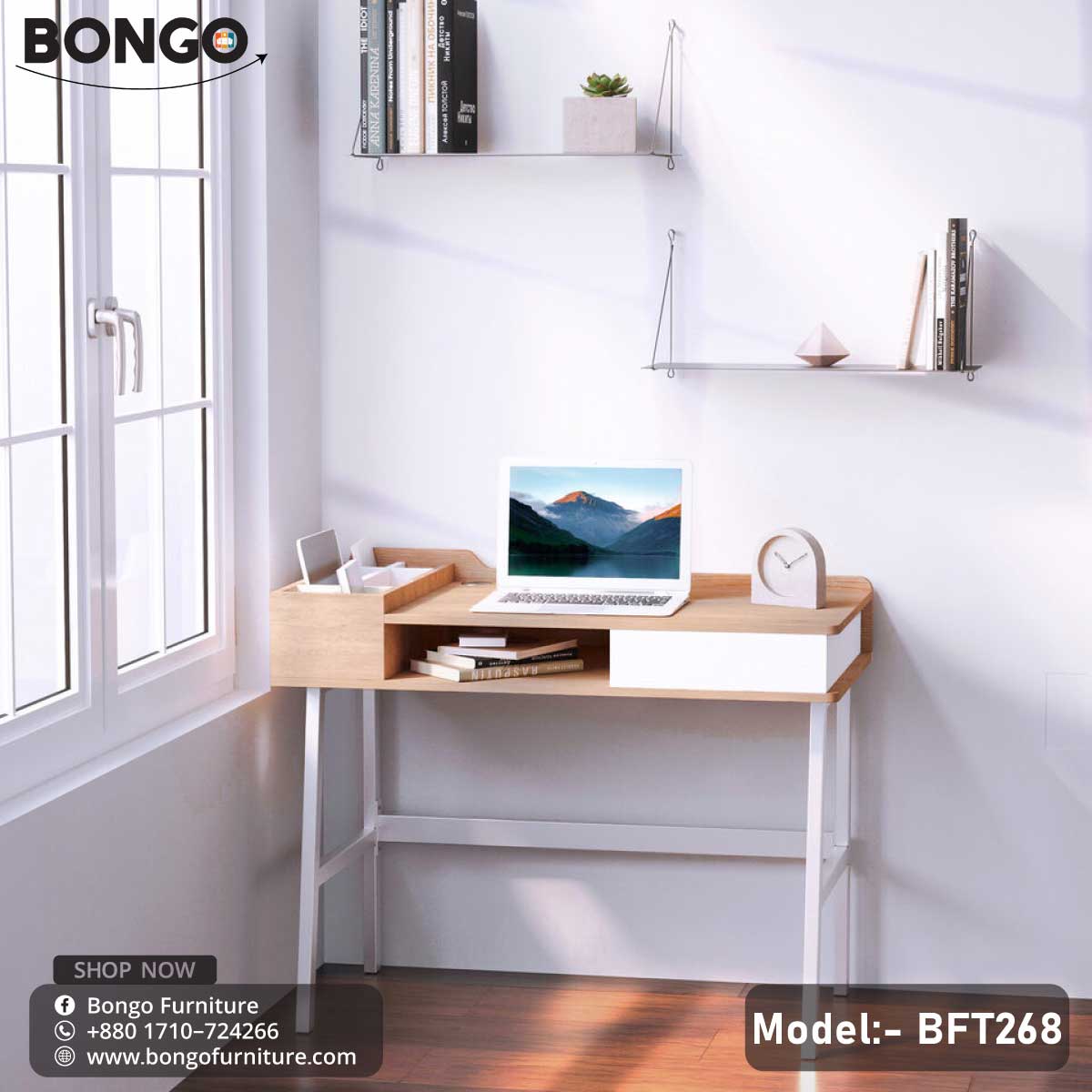 A modern Louis Desk with a beige laminated tabletop and white steel frame, featuring a drawer and a round cable hole, positioned in a home office setting with decorative items and a laptop on top.
