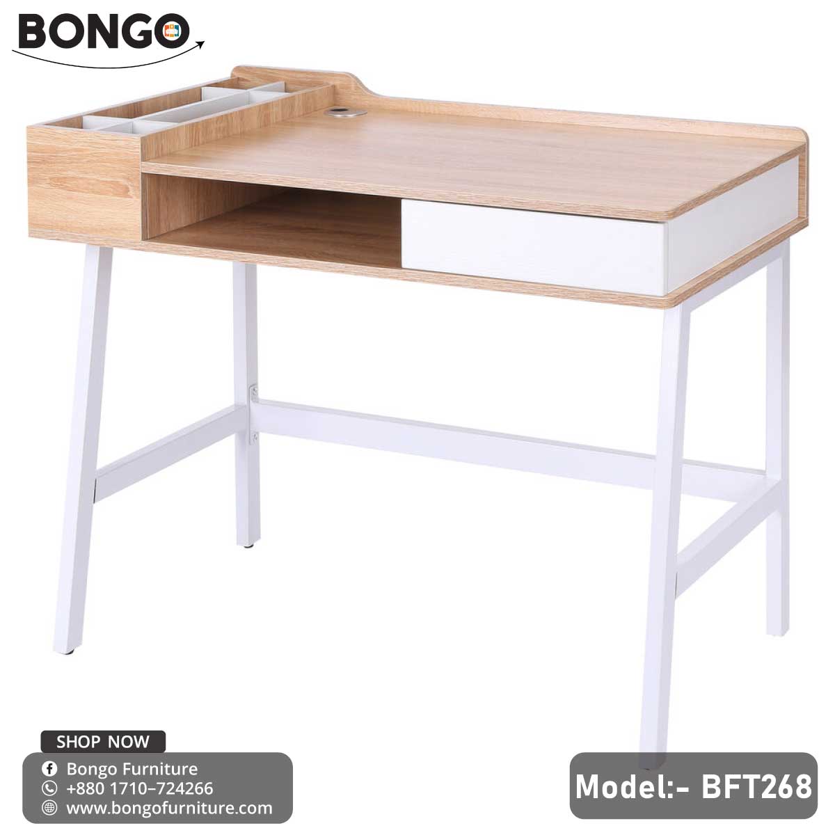 A modern Louis Desk with a beige laminated tabletop and white steel frame, featuring a drawer and a round cable hole, positioned in a home office setting with decorative items and a laptop on top.