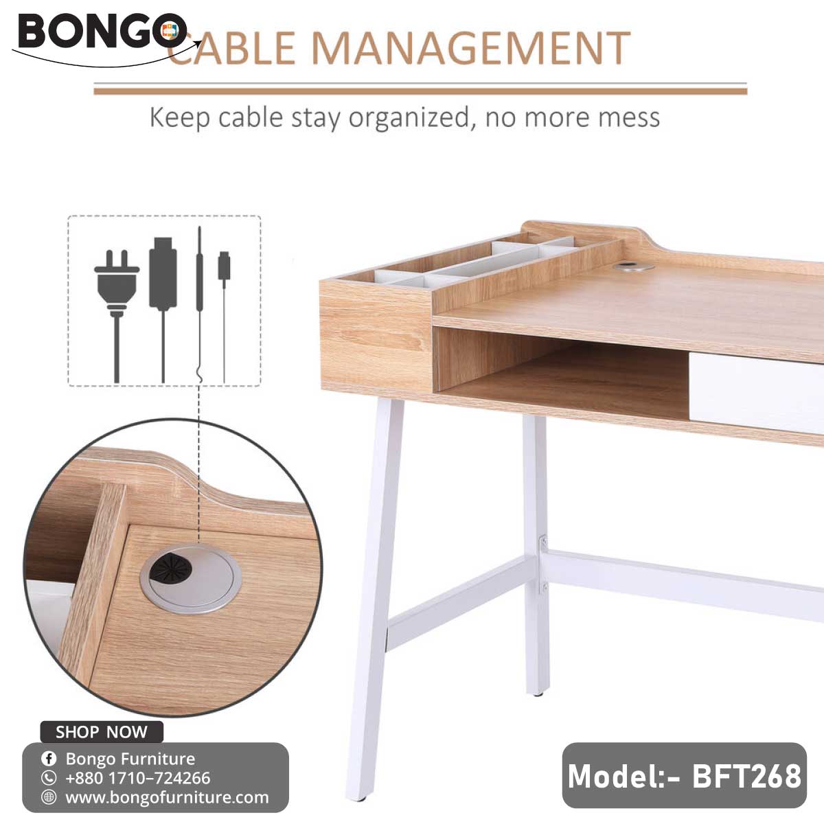 A modern Louis Desk with a beige laminated tabletop and white steel frame, featuring a drawer and a round cable hole, positioned in a home office setting with decorative items and a laptop on top.