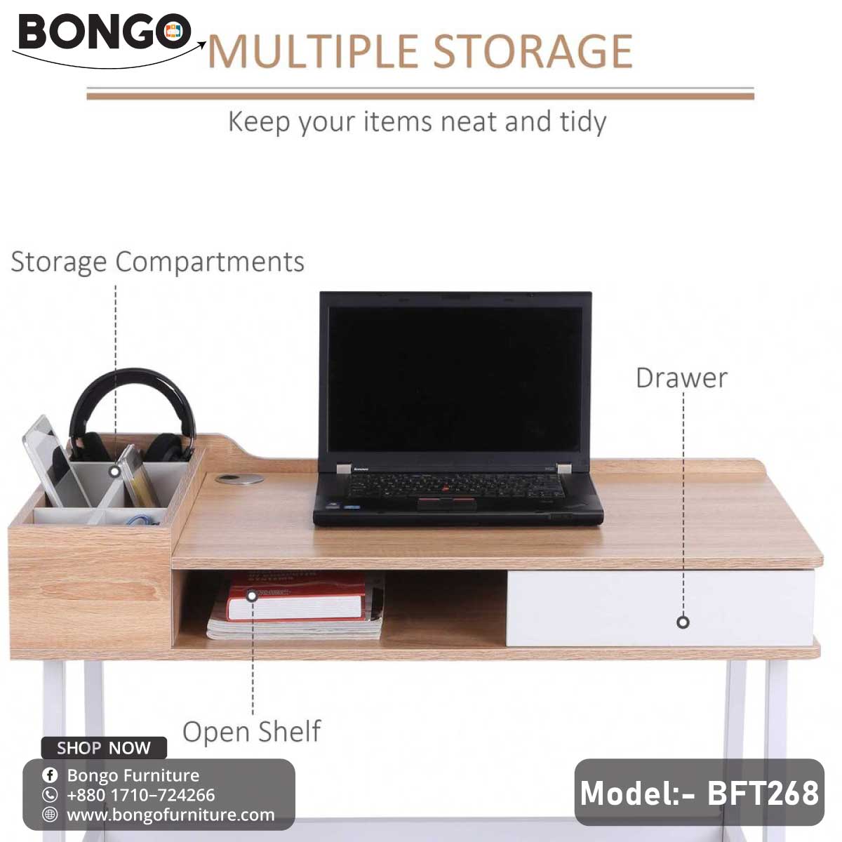 A modern Louis Desk with a beige laminated tabletop and white steel frame, featuring a drawer and a round cable hole, positioned in a home office setting with decorative items and a laptop on top.