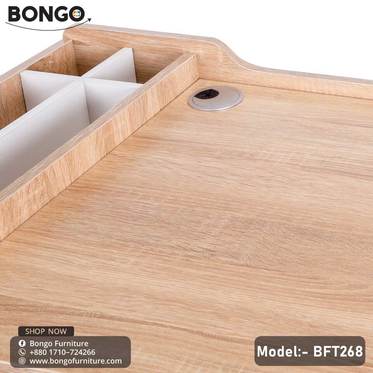 A modern Louis Desk with a beige laminated tabletop and white steel frame, featuring a drawer and a round cable hole, positioned in a home office setting with decorative items and a laptop on top.