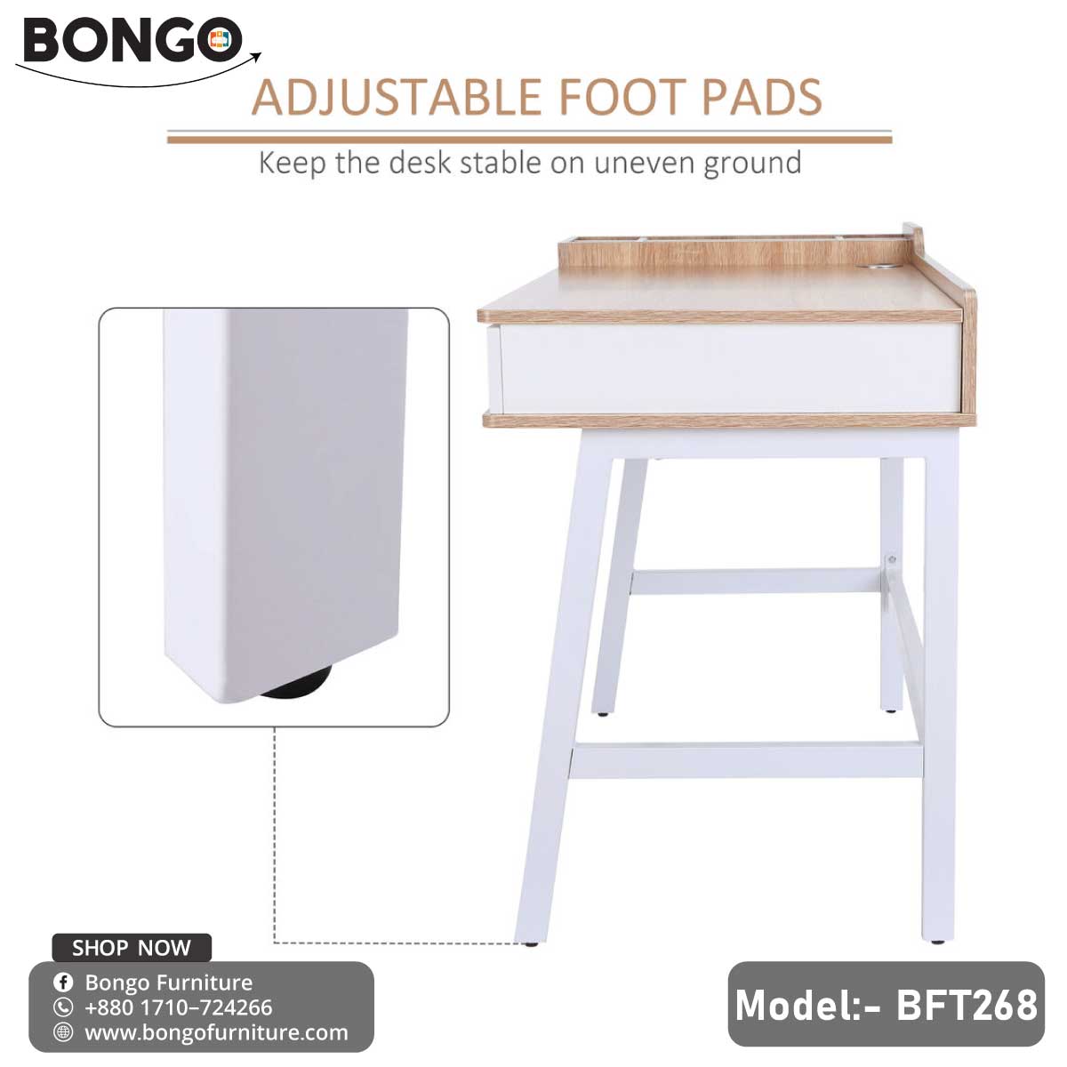 A modern Louis Desk with a beige laminated tabletop and white steel frame, featuring a drawer and a round cable hole, positioned in a home office setting with decorative items and a laptop on top.