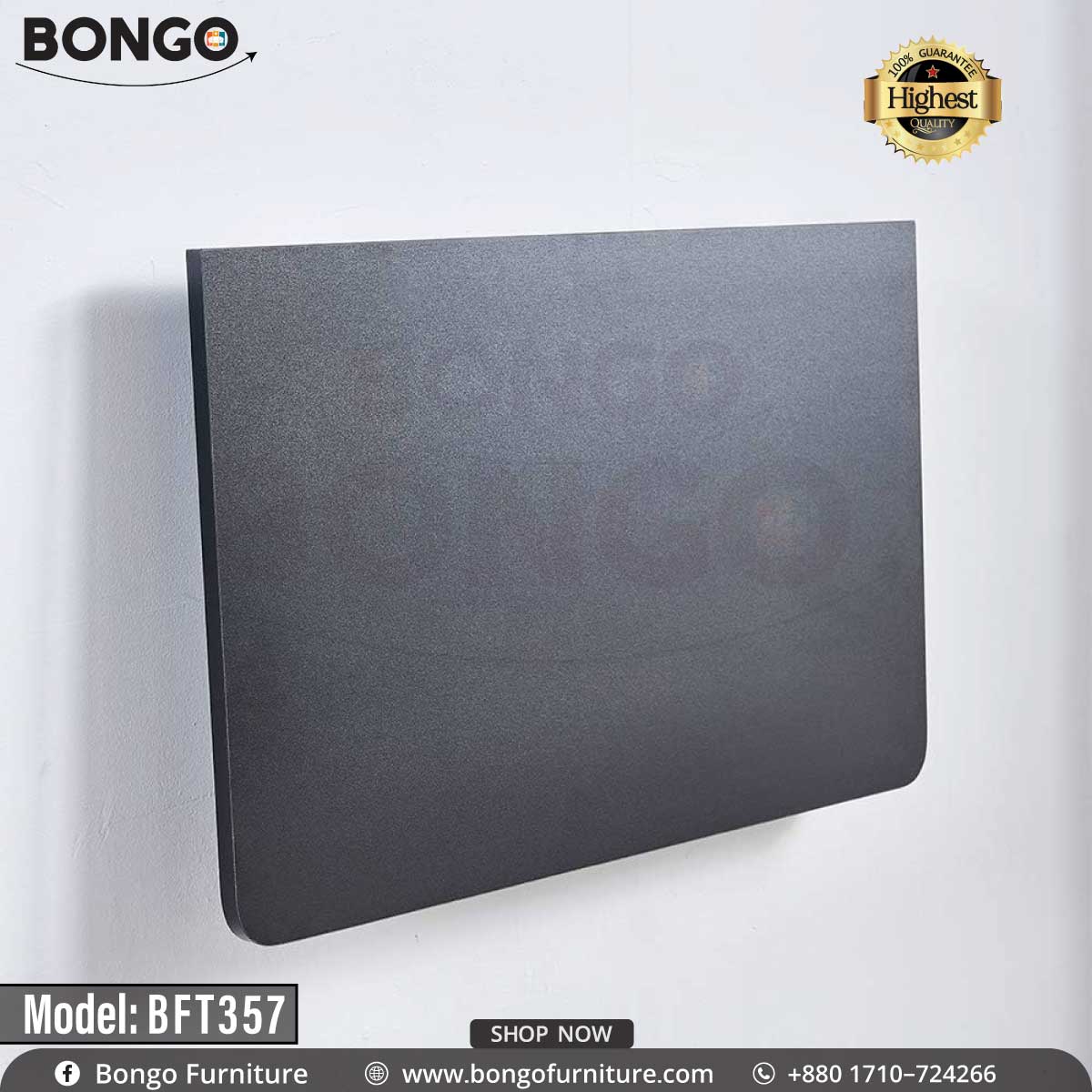 A wall-mounted desk with a black steel frame and a laminated board top, featuring a laptop and a potted plant on it, against a white wall.