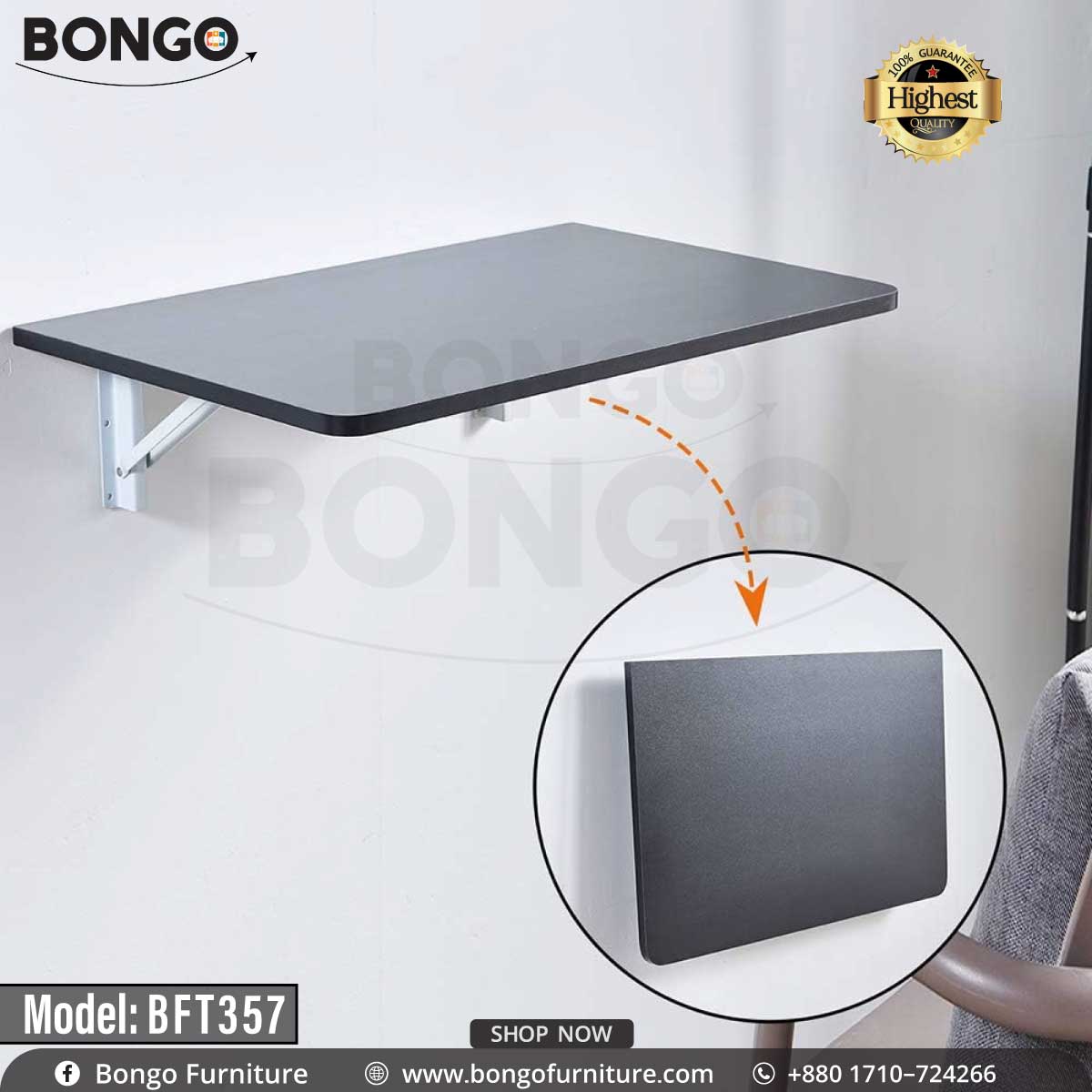 A wall-mounted desk with a black steel frame and a laminated board top, featuring a laptop and a potted plant on it, against a white wall.