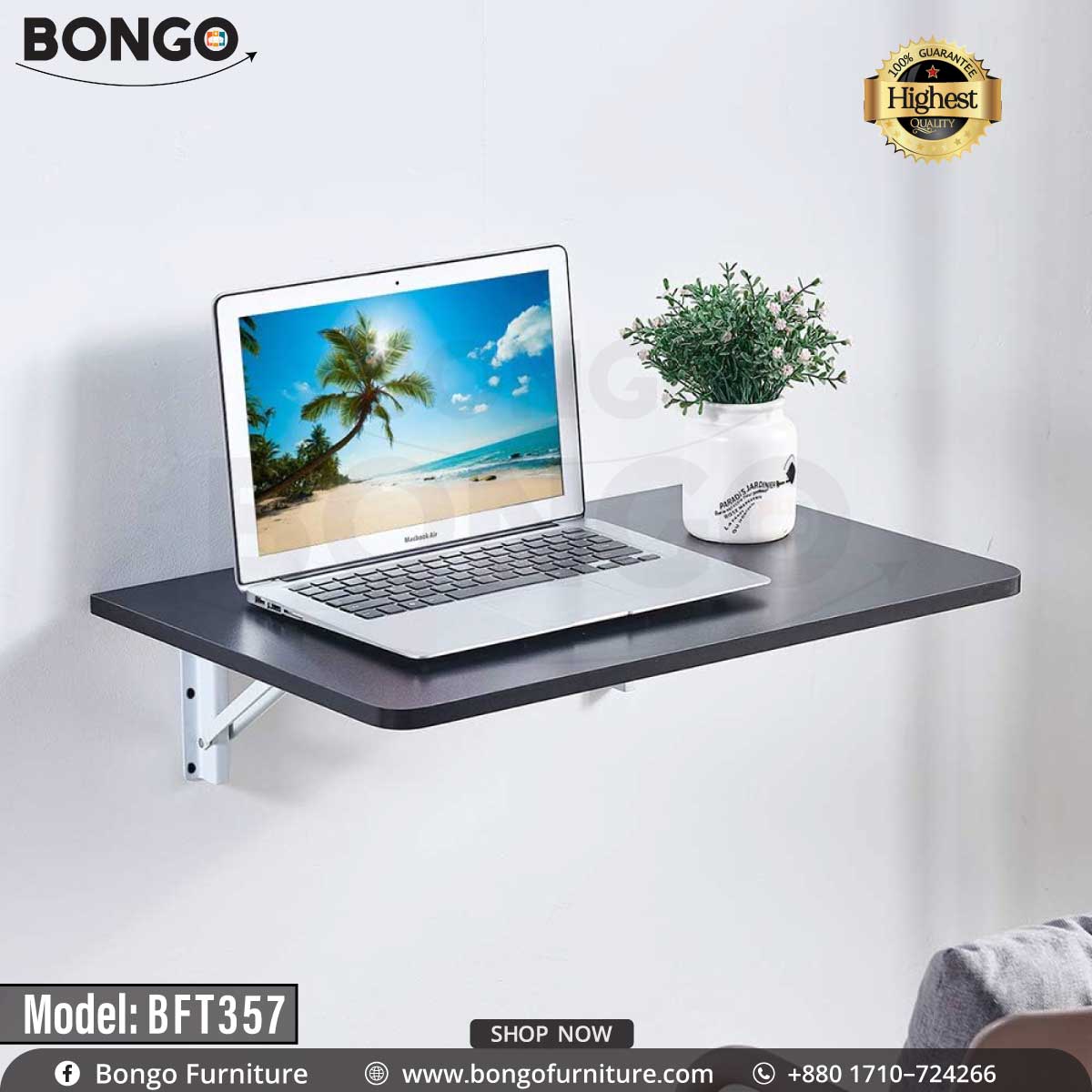 A wall-mounted desk with a black steel frame and a laminated board top, featuring a laptop and a potted plant on it, against a white wall.