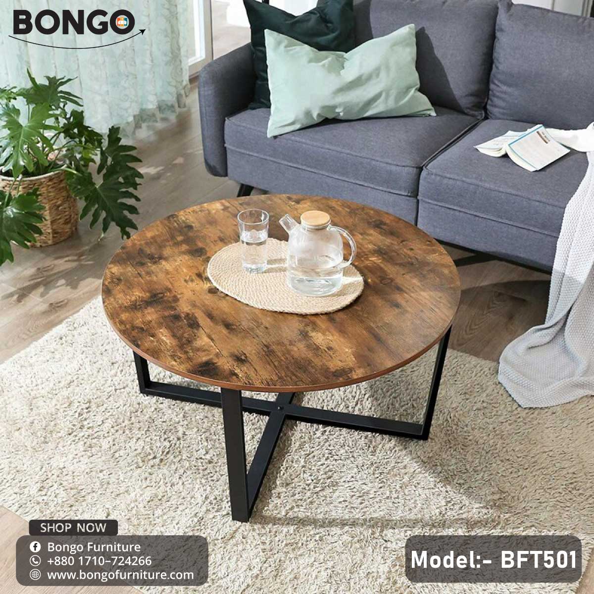 A center table with a Water Resistant Strong Laminated Board top and black metal frame, placed in a living room setting, model BFT501.